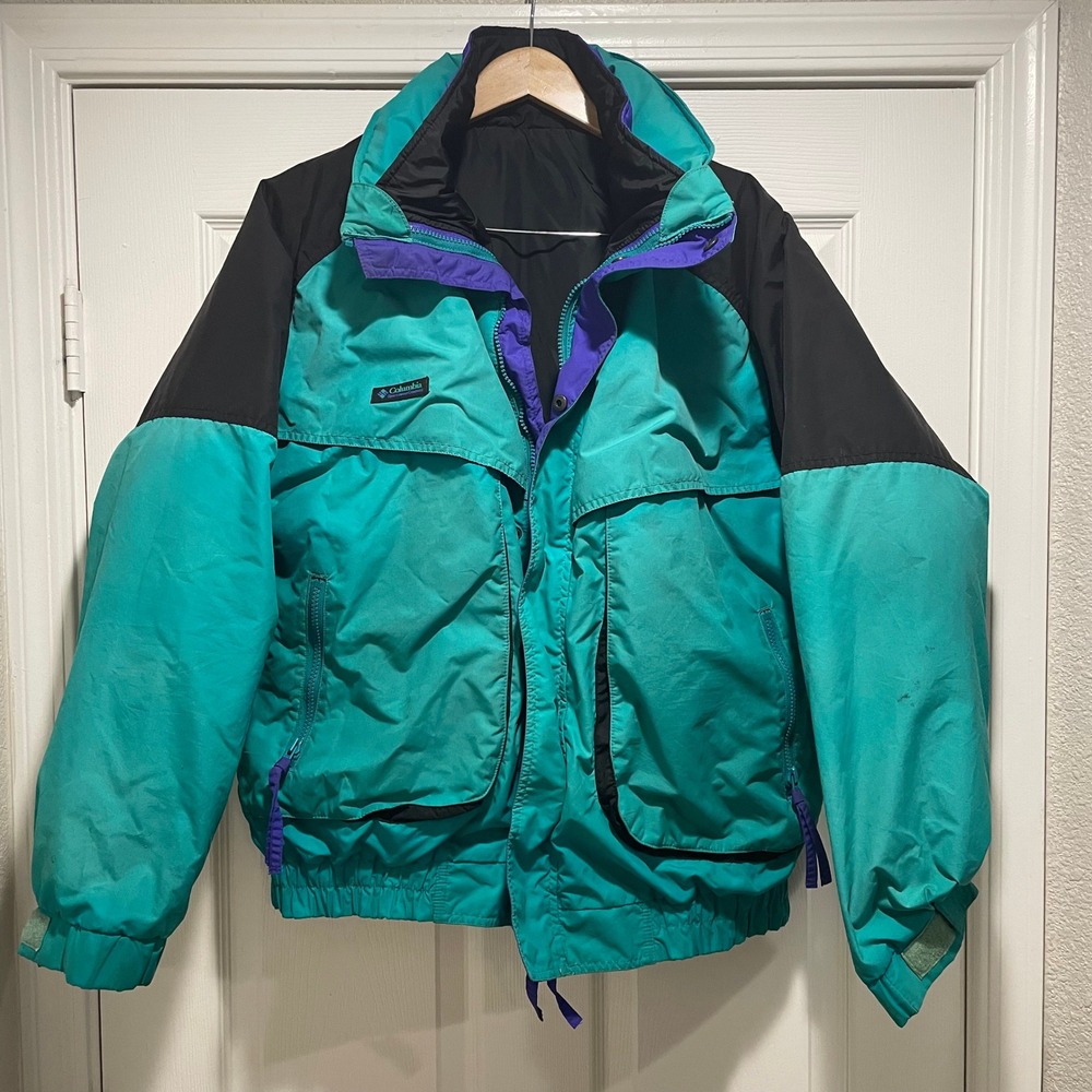 Columbia Mens Powder Keg Jacket Large Teal Black Vintage 90s Colorblock Nylon